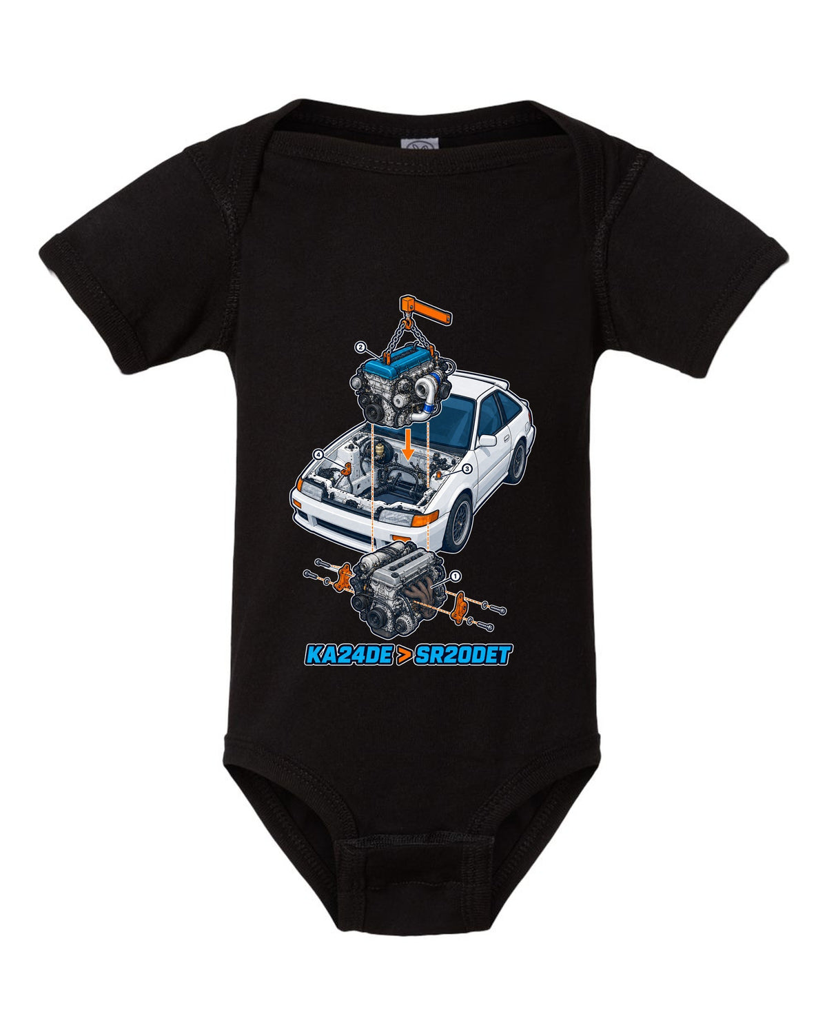 Exploded isometric engine cutaway for a Nissan S13 KA24DE to SR20DET swap black baby onesie front view with the design
