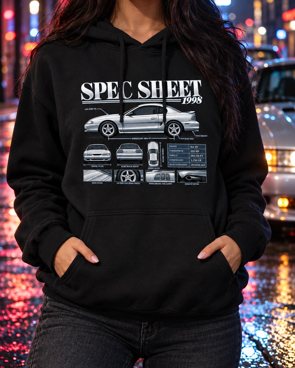 SN95 Mustang GT 1998 Spec Sheet Poster Shirt Pull Over Hoodie Black worn hero