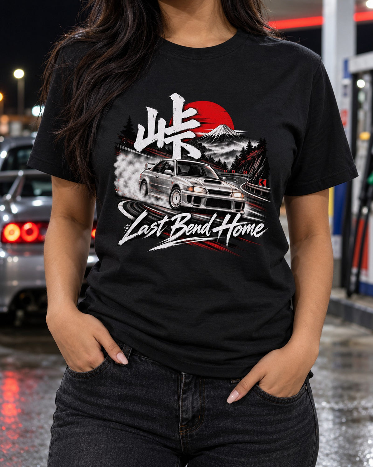 Subaru Impreza WRX GC8 Last Bend Touge Tee, Home After Midnight T-Shirt Black worn hero