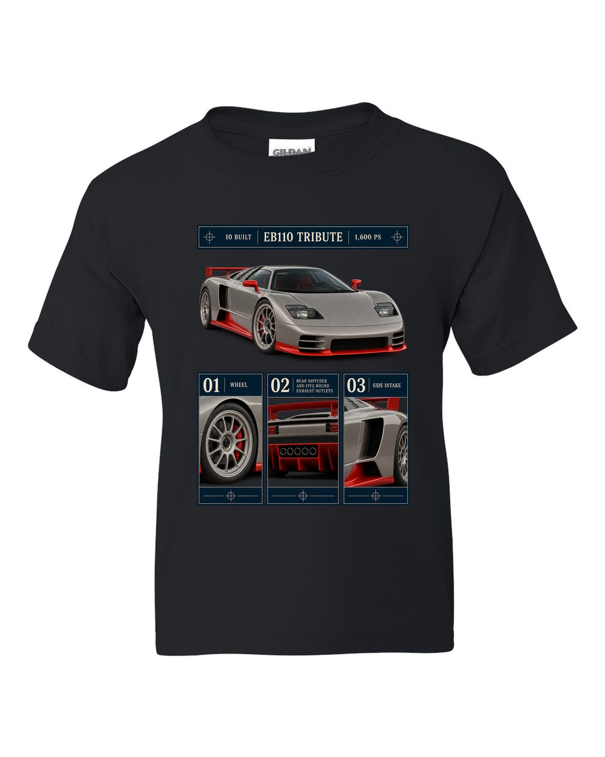Bugatti Centodieci dossier panel print noting EB110 tribute and 10 built black kids tee front view with the design