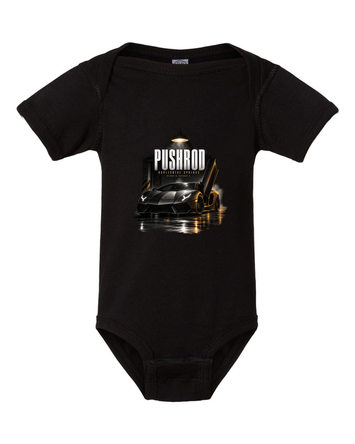 Garage night print of a Lamborghini Aventador S LP740-4 with Pushrod and Horizontal Springs text black baby onesie front view with the design