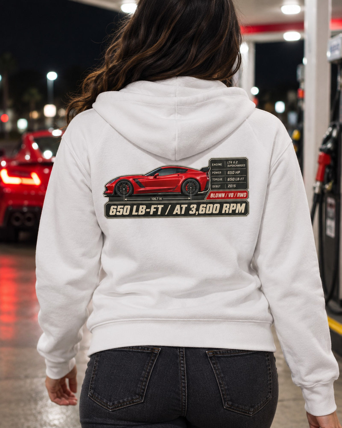 C7 Corvette Z06 Spec Poster Tee, 650 LB-FT Torque Car Shirt Zip Hoodie White worn hero