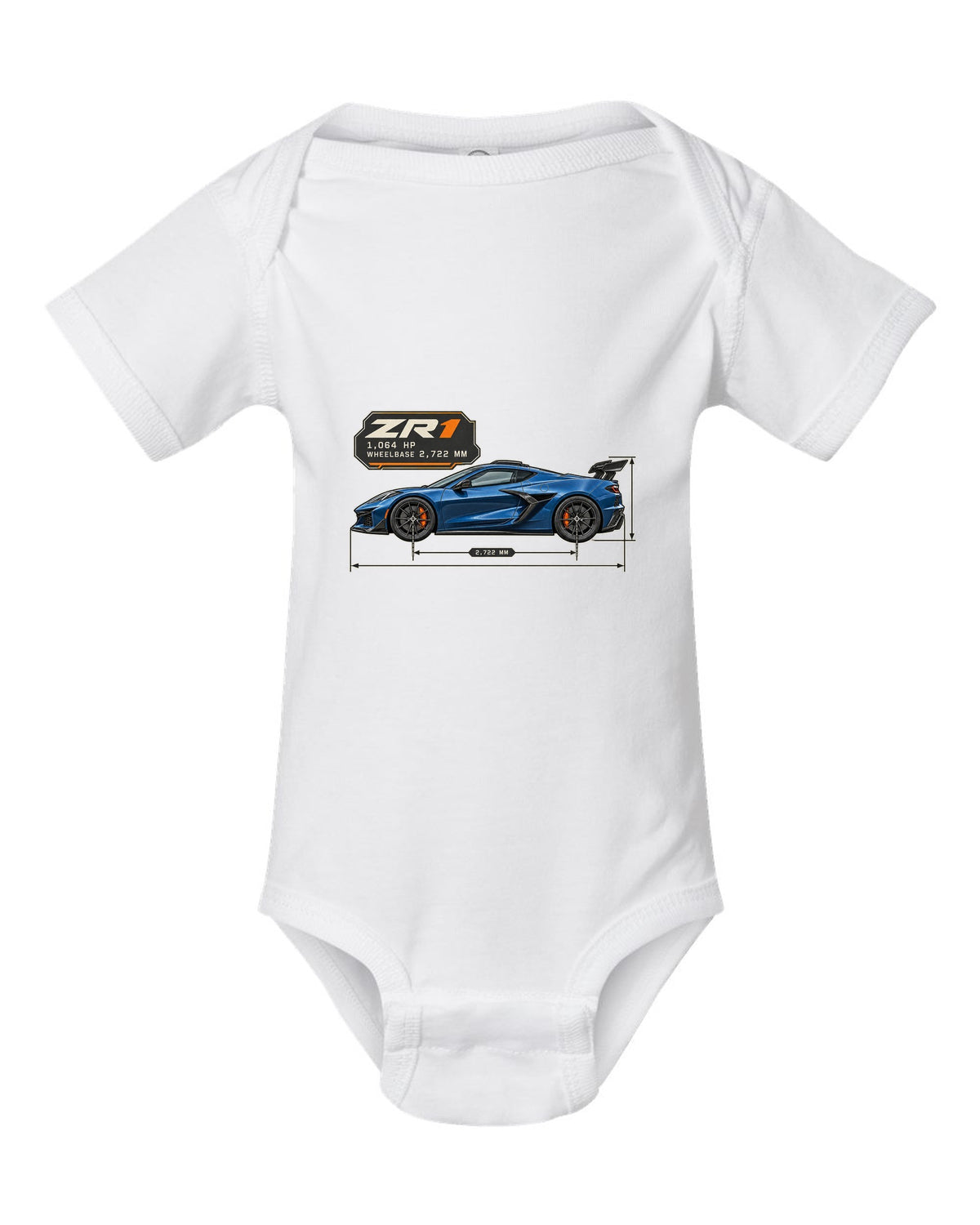 print of a Chevrolet Corvette C8 ZR1 2025 dimension blueprint with 1,064 HP and wheelbase text white baby onesie front view with the design