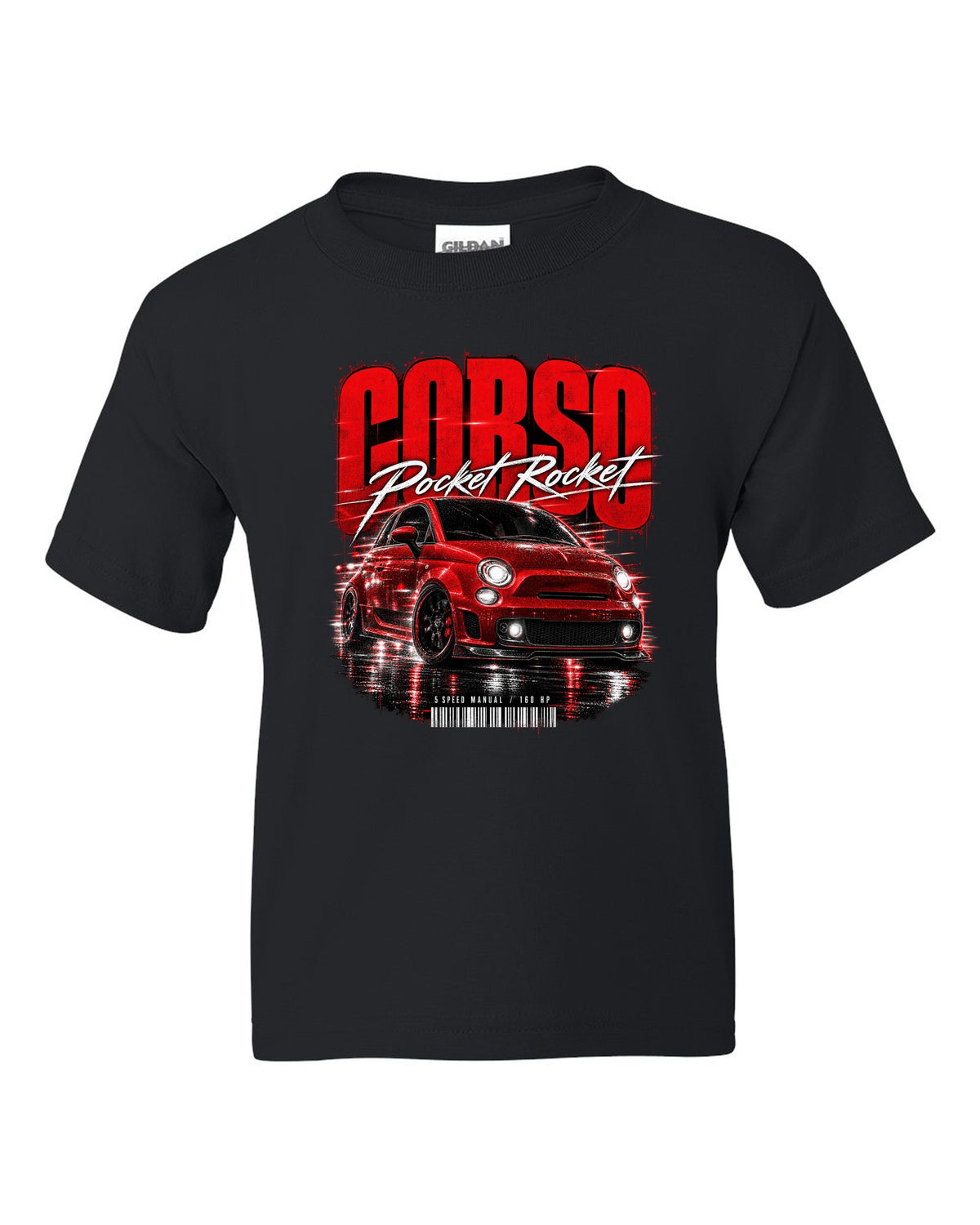 Street poster print of a Fiat 500 Abarth with Corso Pocket Rocket 5 speed manual text black kids tee front view with the design