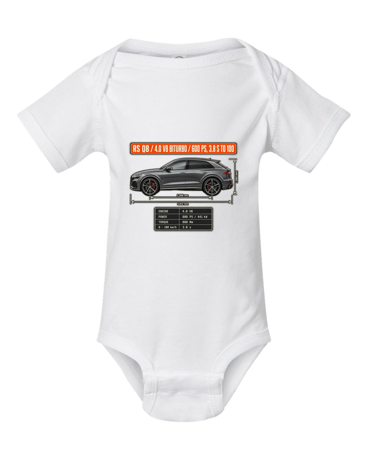 Audi RS Q8 dimension blueprint print with V8 biturbo specs white baby onesie front view with the design