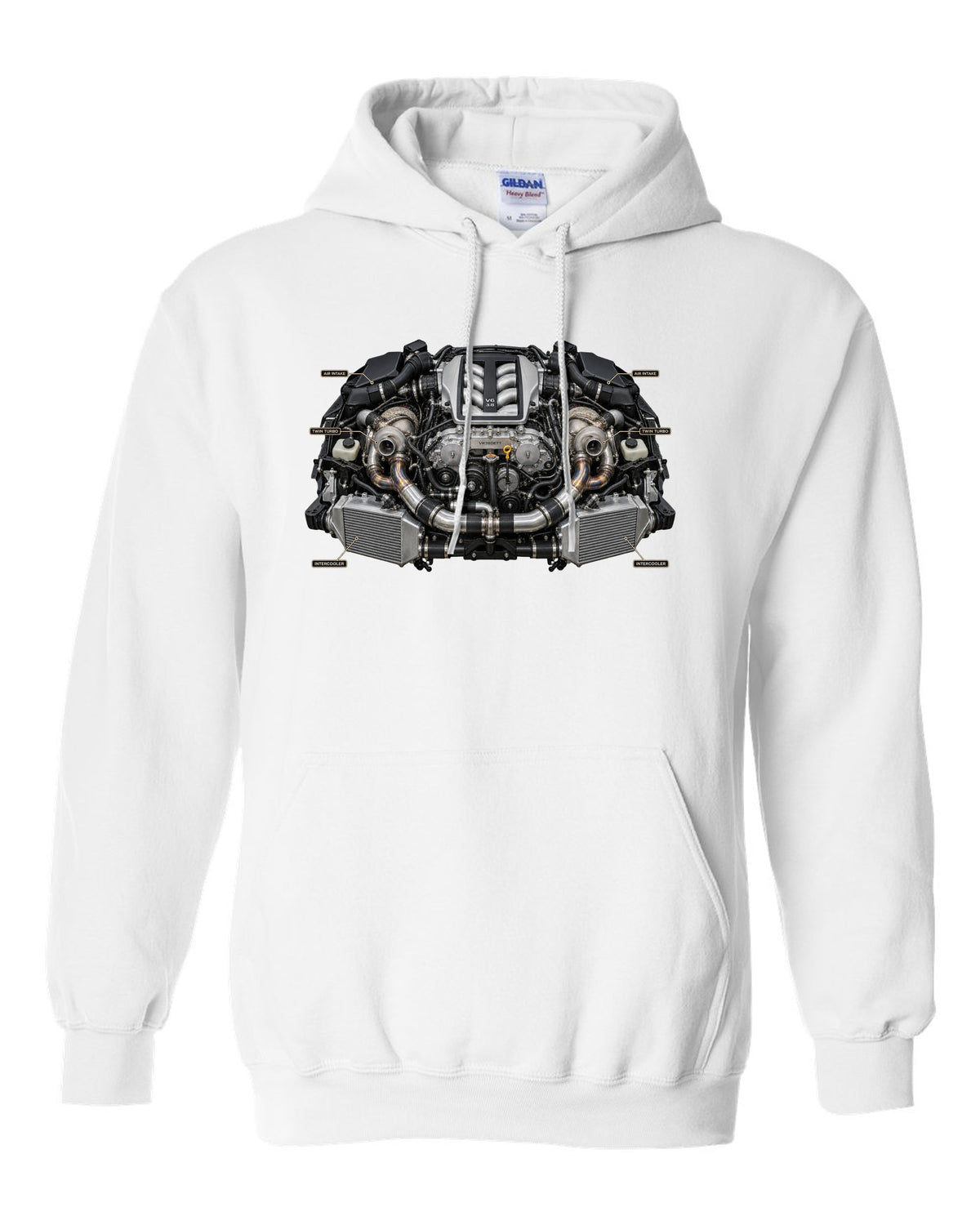 Nissan GT-R R35 Nismo three-view spec table print in graphite grey and red white pull over hoodie front view with the design