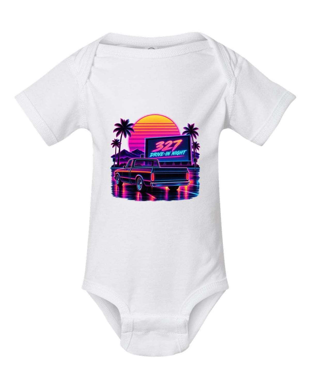 Synthwave outrun print of a 1967-72 Chevrolet C10 Action Line Fleetside at a drive-in with 327 lettering white baby onesie front view with the design
