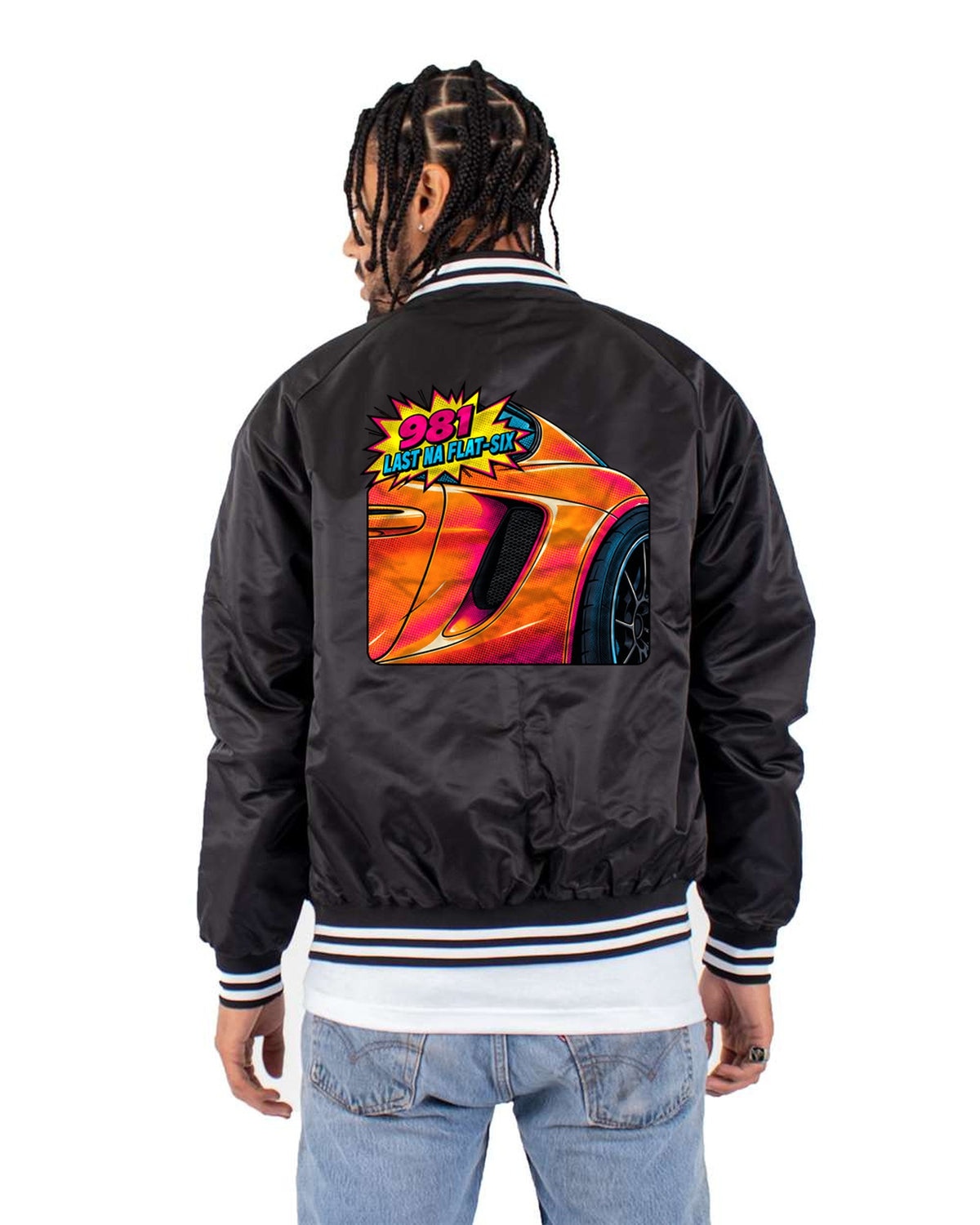 Porsche 981 Cayman GTS Pop-Art Shirt, Last NA Flat-Six Bomber Jacket Black back
