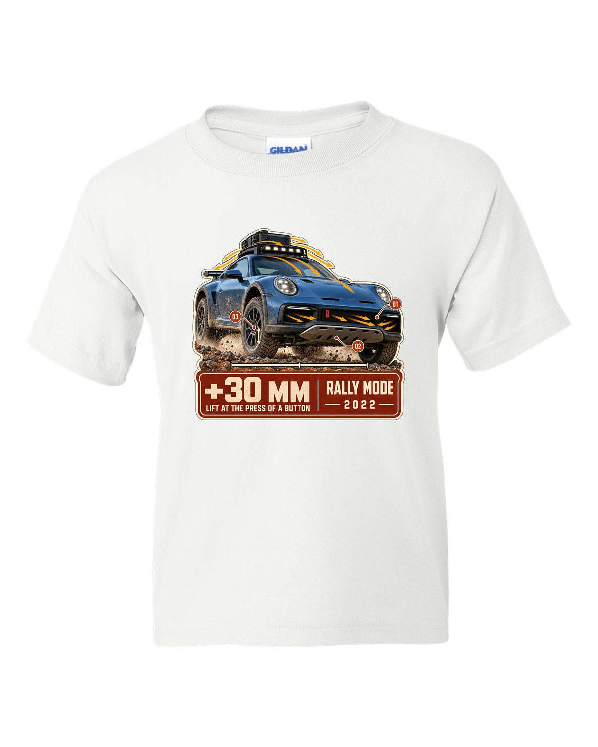 Aero callout print of a Porsche 911 Dakar 992 showing the lift feature white kids tee front view with the design