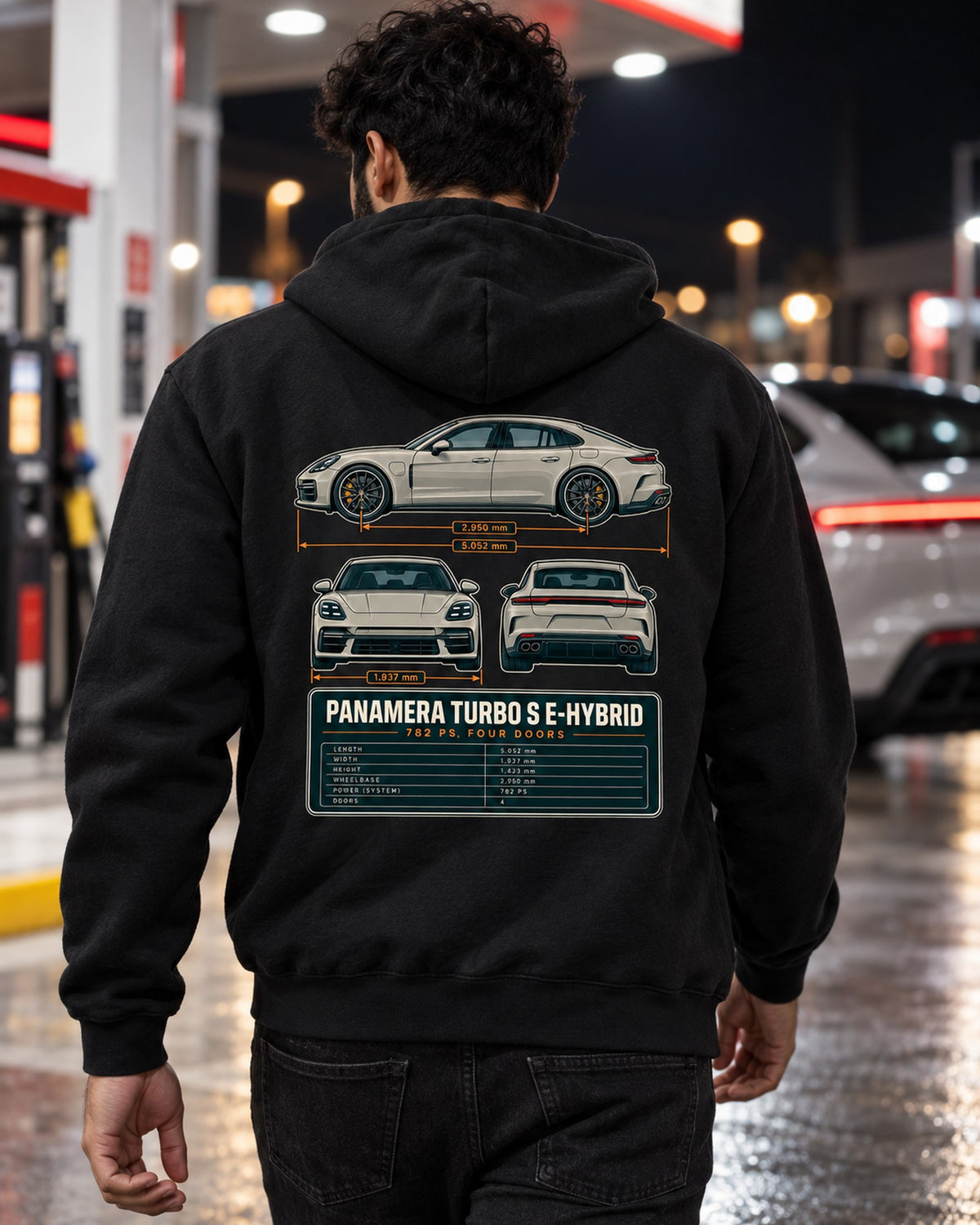 Porsche Panamera Turbo S E-Hybrid G3 Three-View Spec Shirt Zip Hoodie Black worn hero
