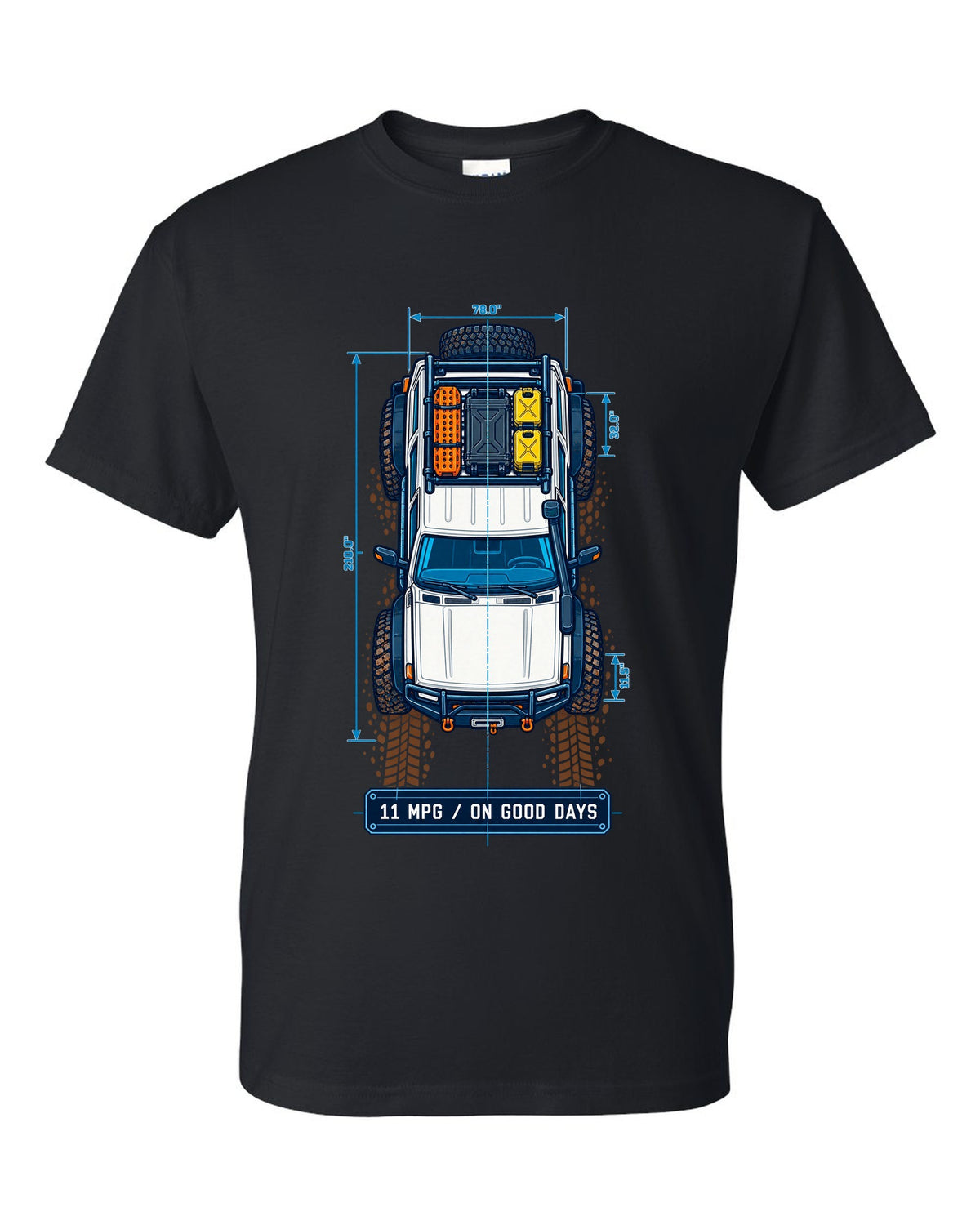 Top-down blueprint line art of a Toyota Land Cruiser FJ80 with roof rack and 11 MPG lettering black t-shirt front view with the design