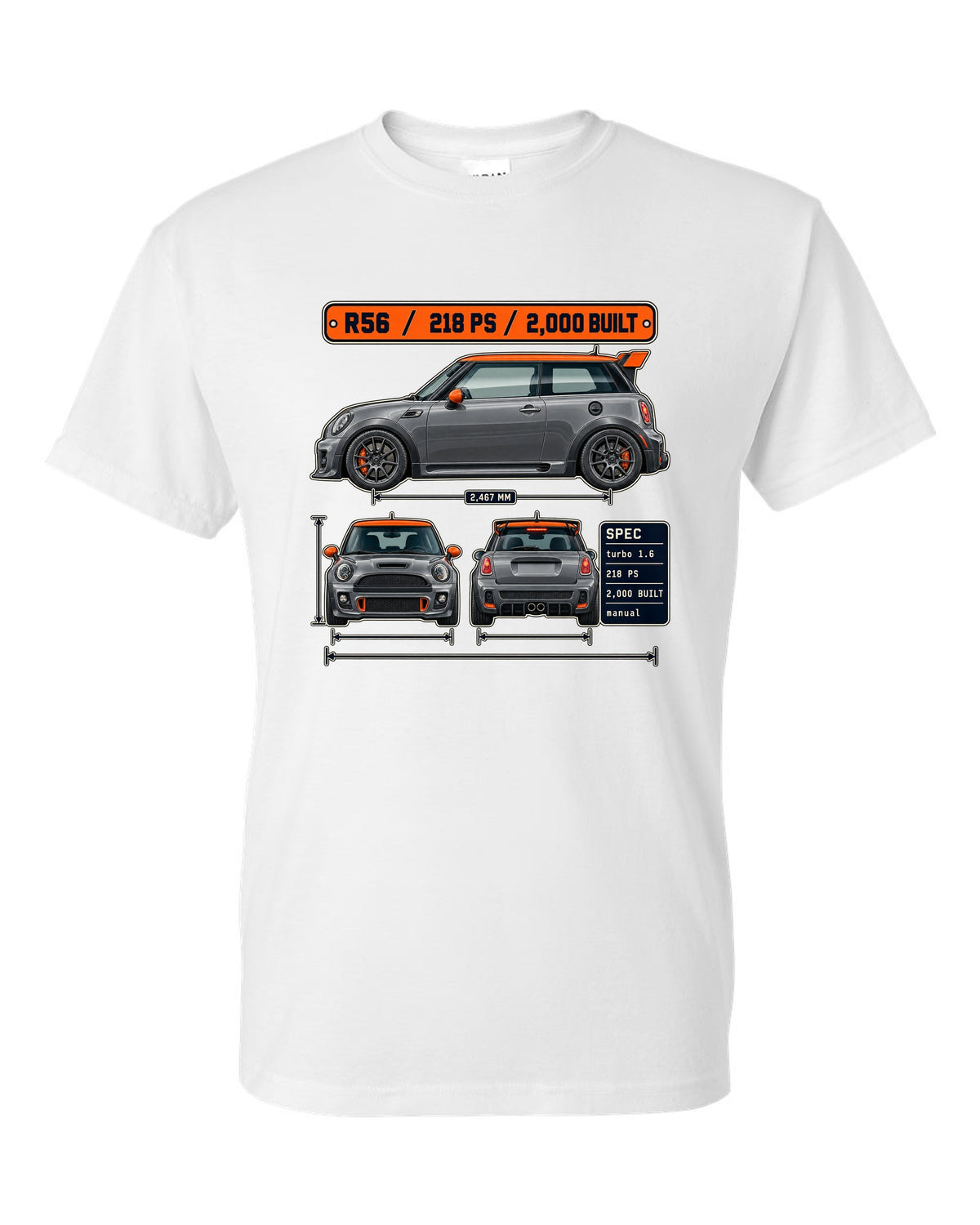 Three-view and spec table print for the Mini JCW GP R56 2012 with 2,000 built text white t-shirt front view with the design