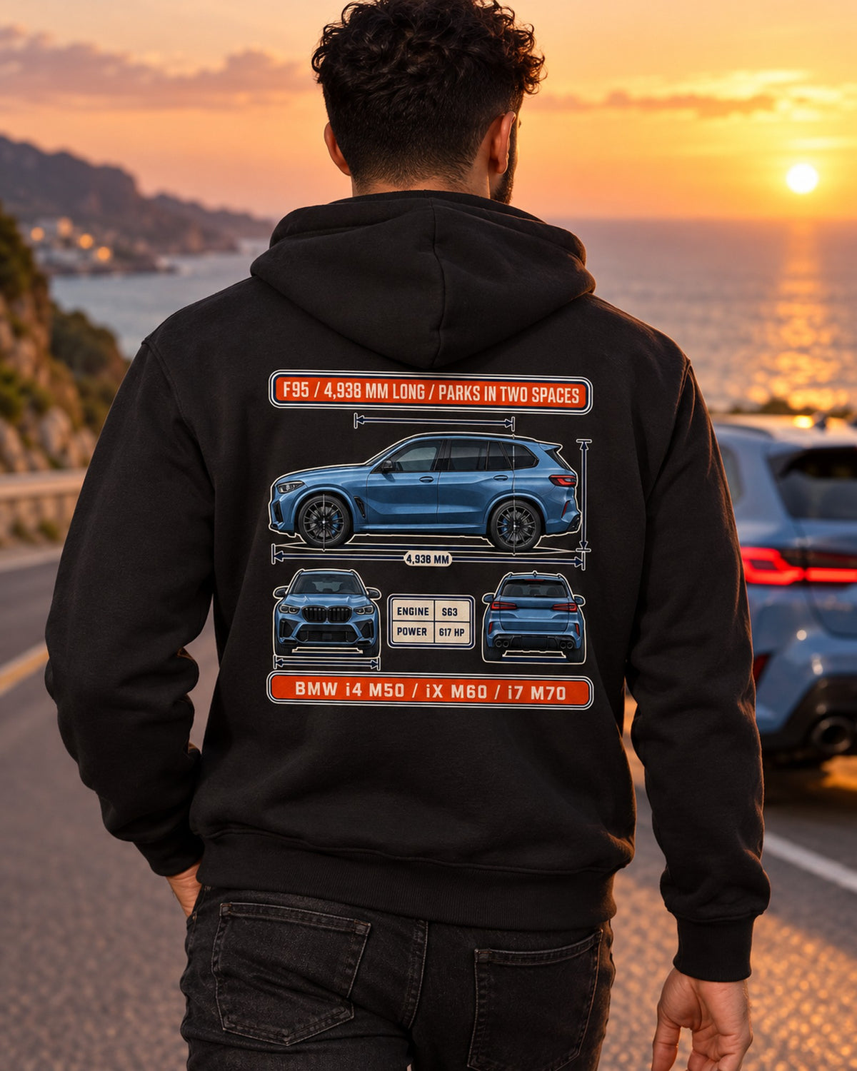 BMW X5 M Competition F95 Blueprint Tee, Car Enthusiast Gift Zip Hoodie Black worn hero