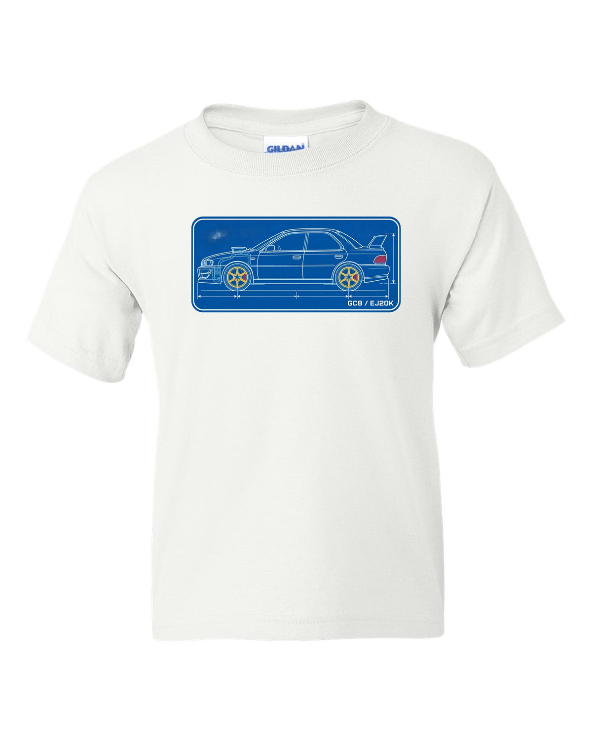 Cyanotype blueprint of a Subaru Impreza WRX GC8 hood scoop with EJ20K text white kids tee front view with the design