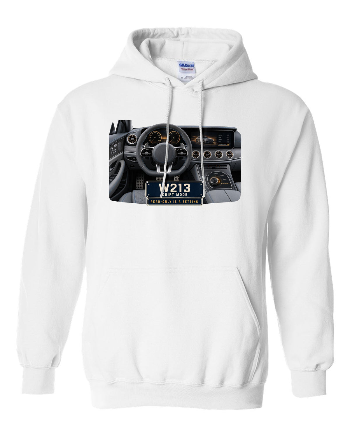 Cockpit and gauge print of a Mercedes-AMG E63 S W213 interior with drift mode white pull over hoodie front view with the design
