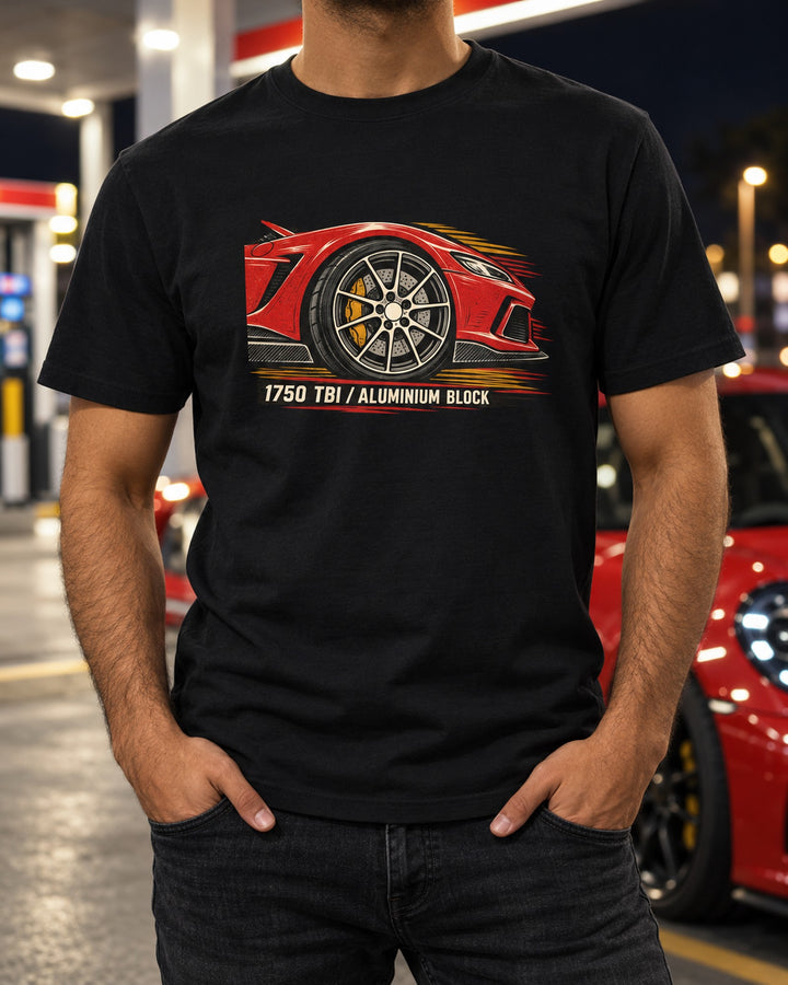 Alfa Romeo 4C Linocut Print, 1750 TBI Aluminium Block Shirt T-Shirt Black worn hero