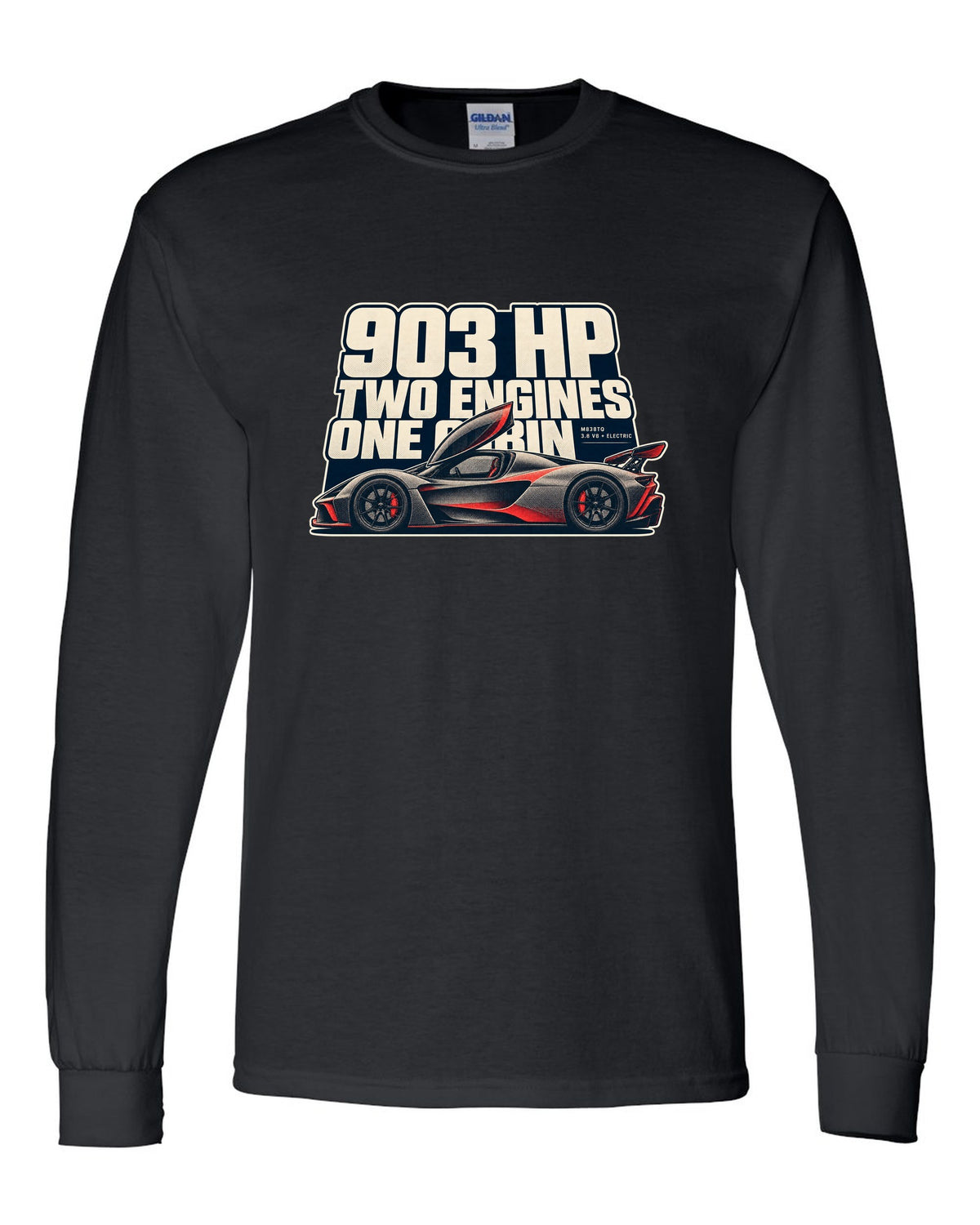 Halftone print of a McLaren P1 in warm grey and red, 903 HP two engines black long sleeve front view with the design