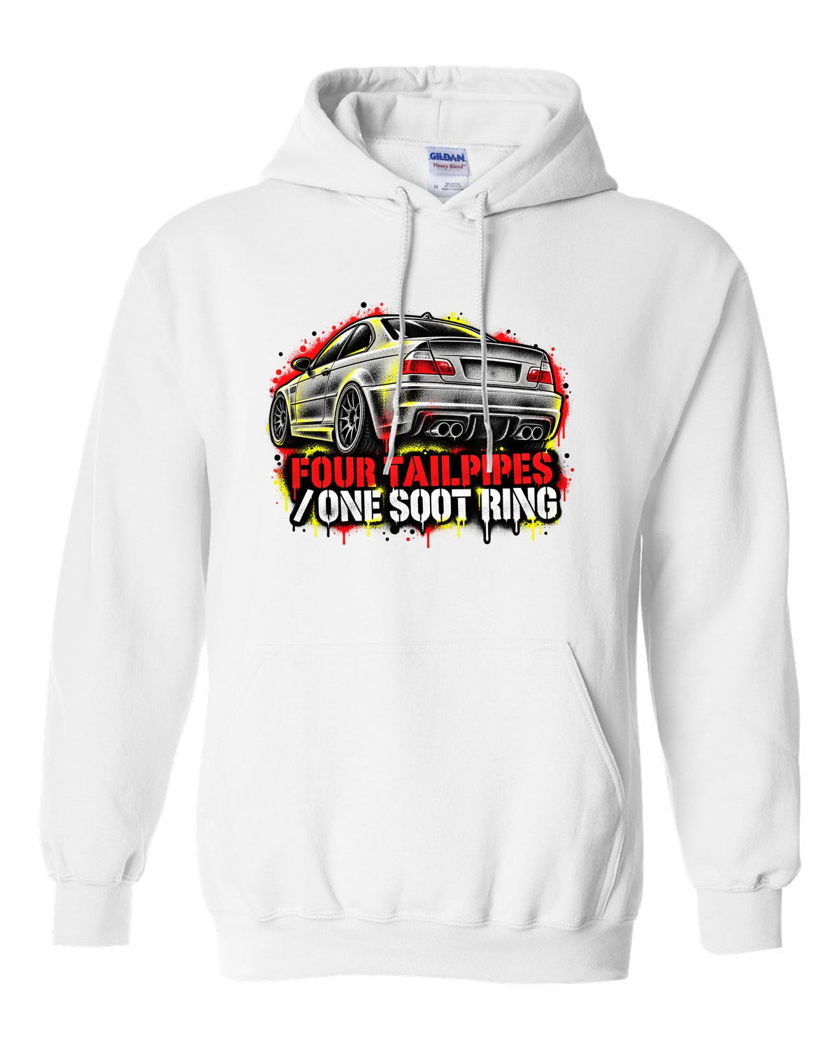 Stencil spray street art of four tailpipes on a BMW E46 M3 coupe with soot ring text white pull over hoodie front view with the design