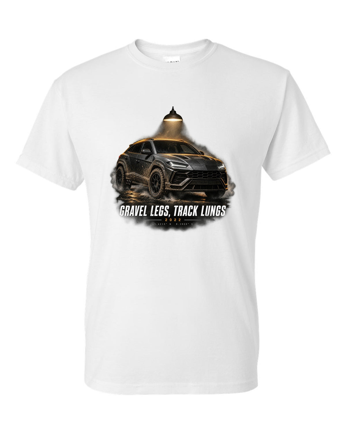 Lamborghini Urus Performante 2022 garage night print, gravel legs track lungs white t-shirt front view with the design
