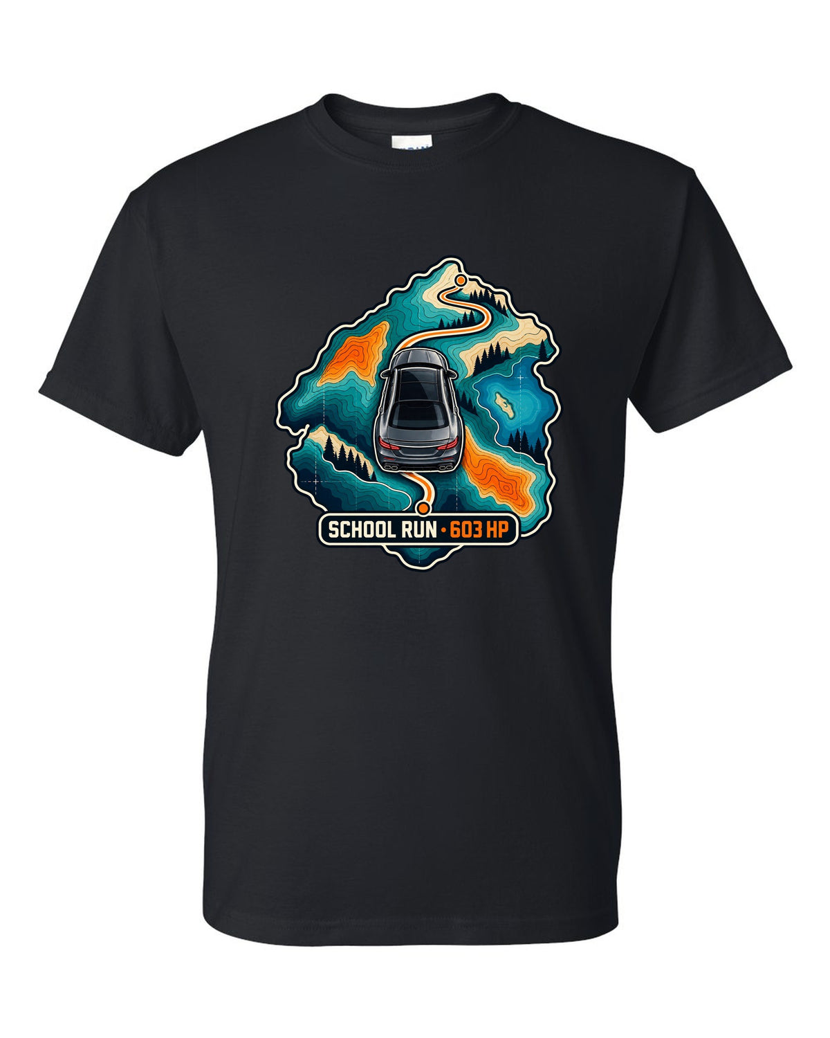 Topographic route map graphic reading School Run 603 HP for a Mercedes E63 W213, print black t-shirt front view with the design