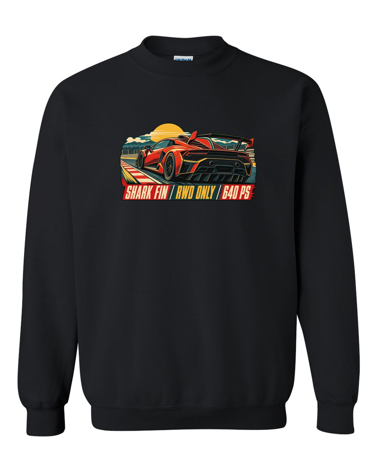 Vintage 1960s lithograph race poster of a Lamborghini Huracan STO LP640-2 with shark fin text black crewneck front view with the design