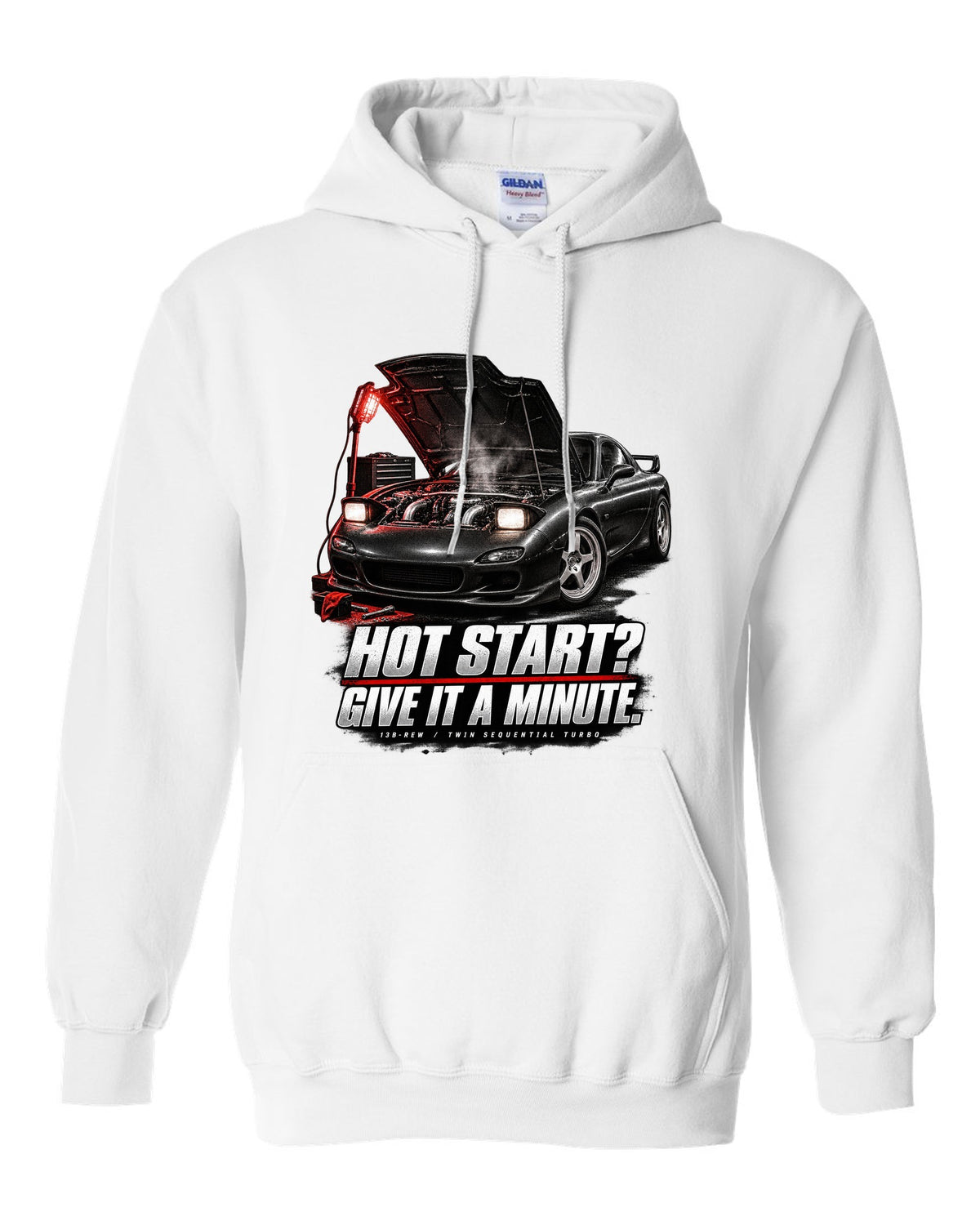 Garage night print of a Mazda RX-7 FD3S with hot start joke and 13B-REW lettering white pull over hoodie front view with the design