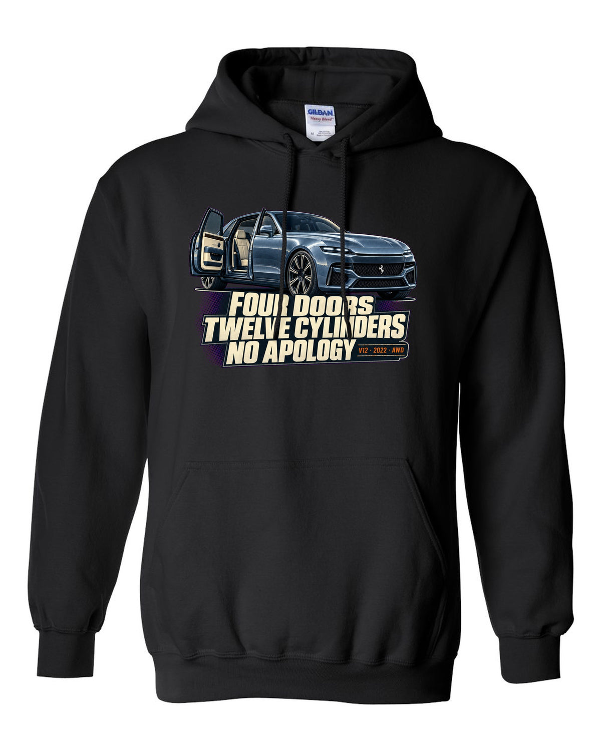Editorial headline print of the Ferrari Purosangue on a tee black pull over hoodie front view with the design
