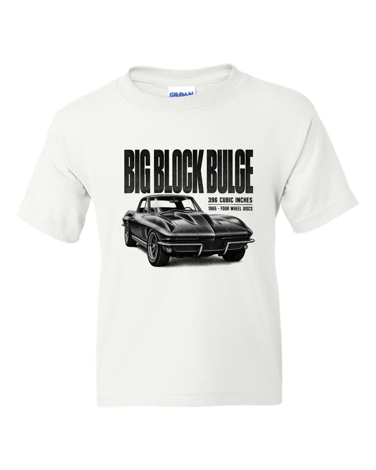 Chevrolet Corvette C2 Sting Ray 1965 big-block 396 hood bulge halftone print white kids tee front view with the design