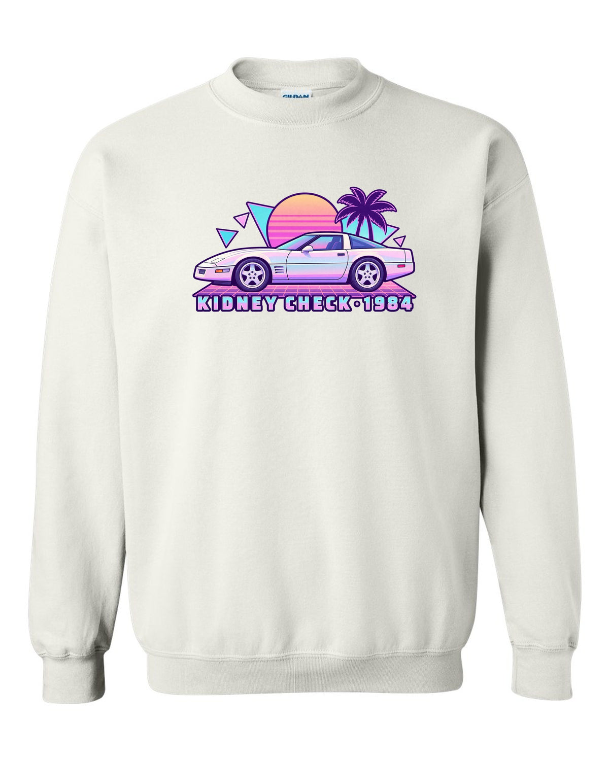Pastel vaporwave print of a 1984 Chevrolet Corvette C4 coupe with Kidney Check text white crewneck front view with the design