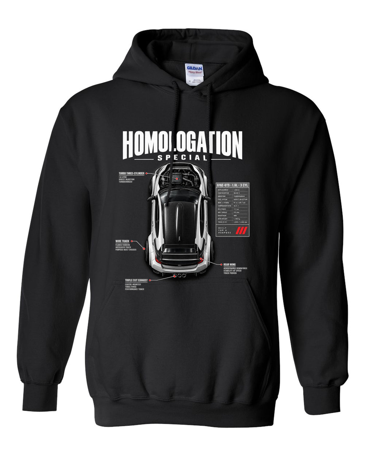 Spec poster style print of a Toyota GR Yaris with G16E-GTS 1.6L 3 cylinder text black pull over hoodie front view with the design