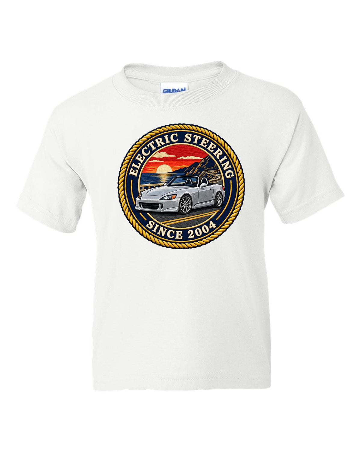 Embroidery-style round crest print of a 2004 Honda S2000 AP2 roadster white kids tee front view with the design