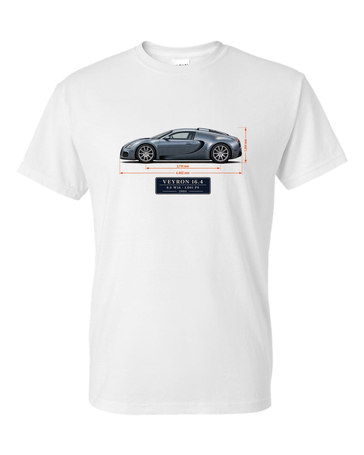 Bugatti Veyron 16.4 dimension blueprint print with size and engine specs white t-shirt front view with the design