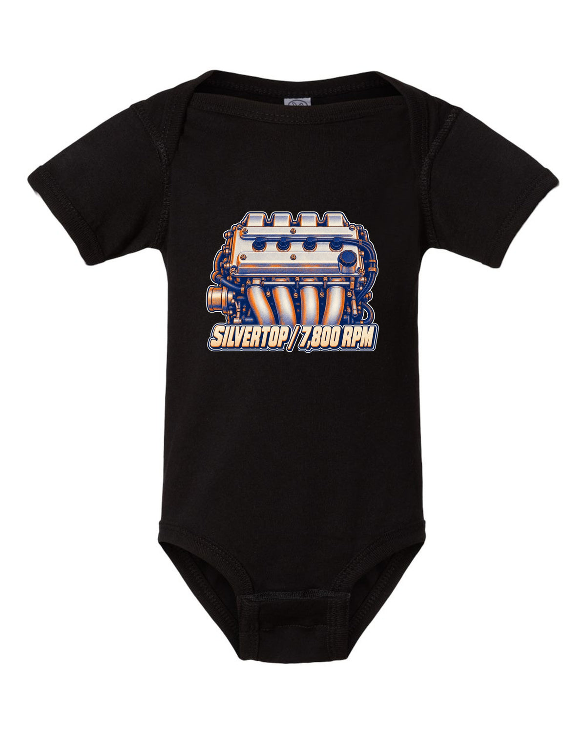 Two-colour risograph macro of the silvertop engine in the Toyota Corolla AE101 black baby onesie front view with the design