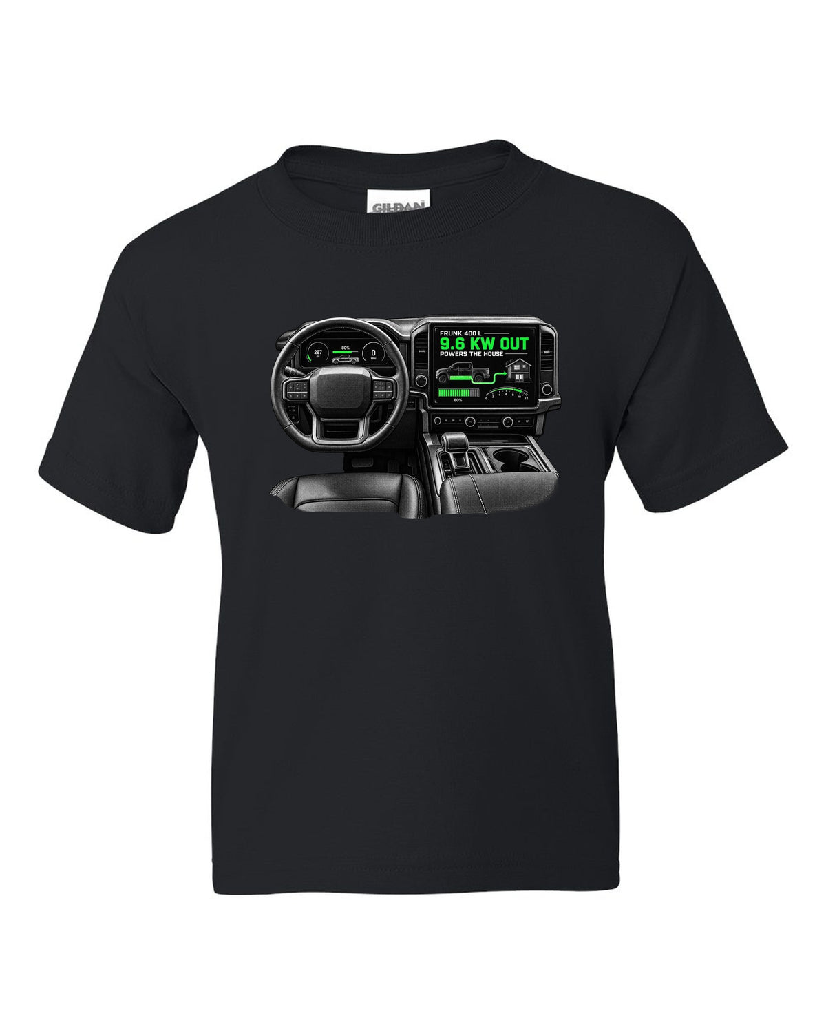 Ford F-150 Lightning 2022 interior centre screen crop with frunk readout black kids tee front view with the design