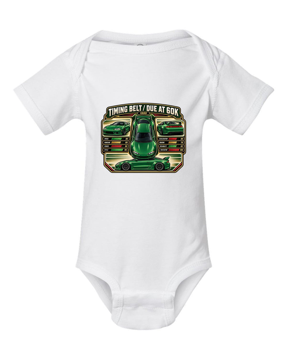 Top-down vector trading card print of a widebody Mitsubishi Eclipse GSX 2G with timing belt due at 60K text white baby onesie front view with the design