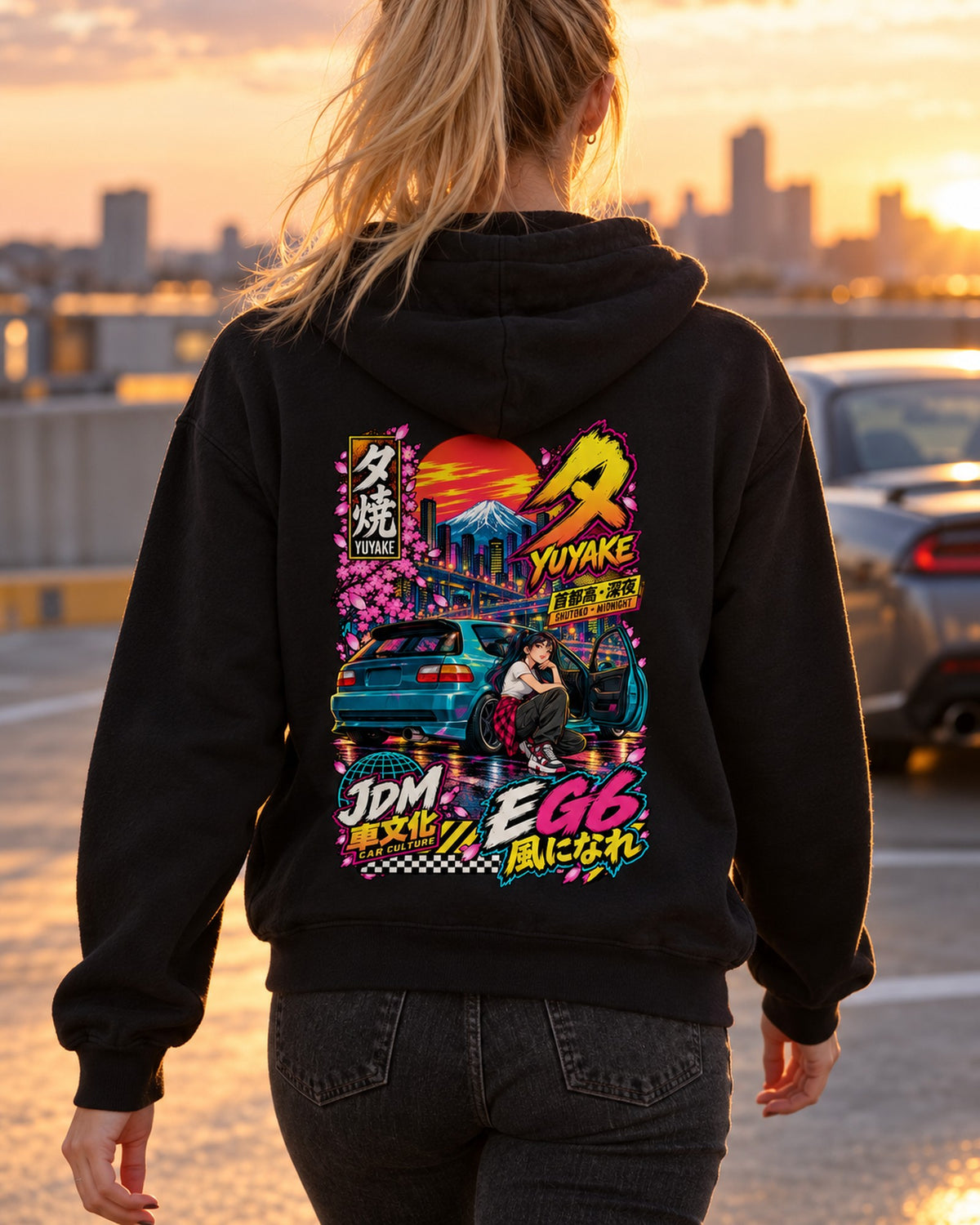 YUYAKE EG6 Anime Girl Full-Back Graphic Tee Pull Over Hoodie Black worn hero