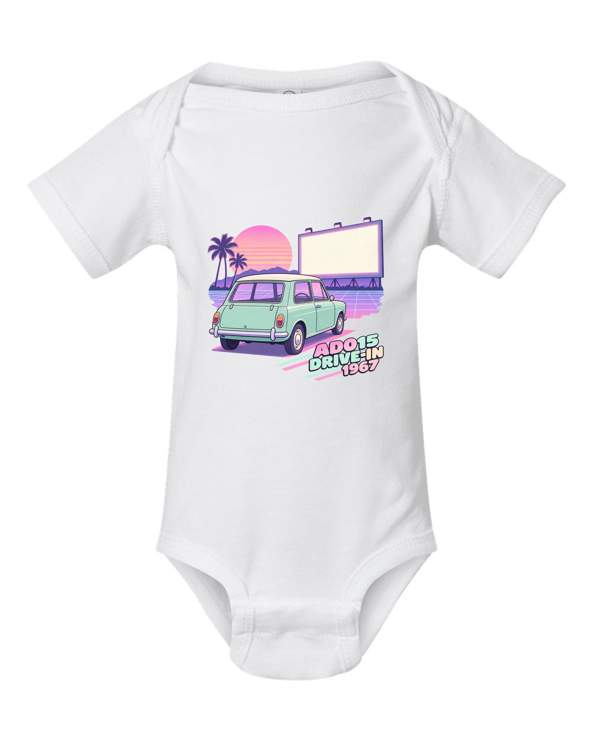 Pastel vaporwave drive-in scene with a 1967 classic Mini Cooper ADO15 white baby onesie front view with the design