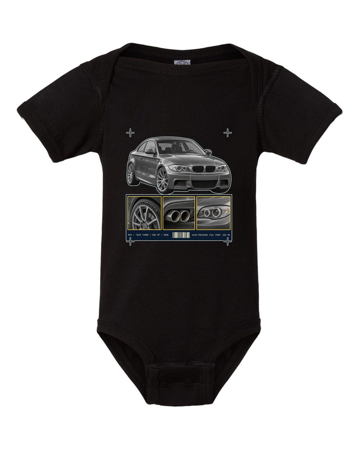 BMW 135i E82 coupe dossier panel print with N54 specs black baby onesie front view with the design