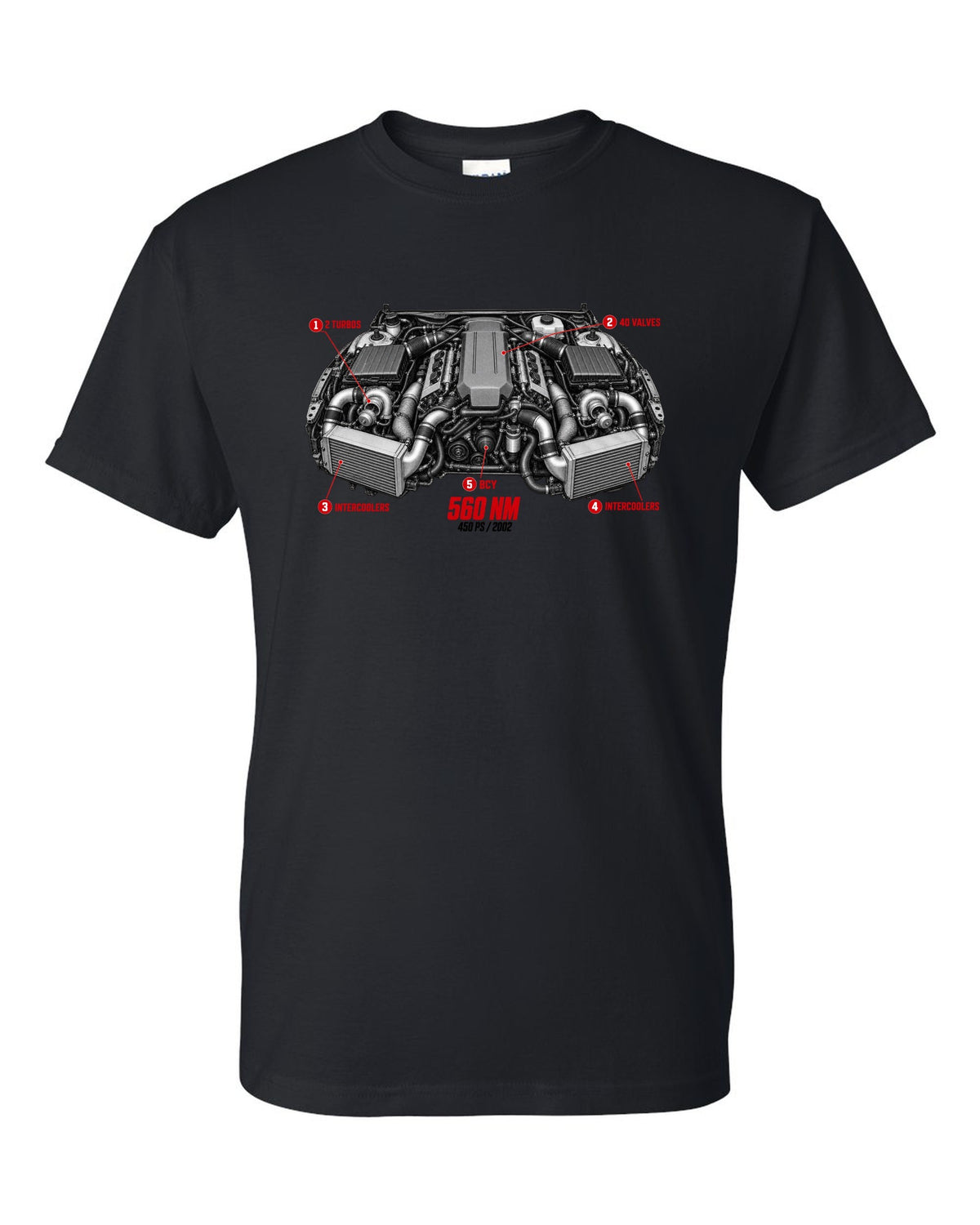 Audi RS6 Avant C5 BCY 4.2 biturbo engine with callouts and spec text black t-shirt front view with the design