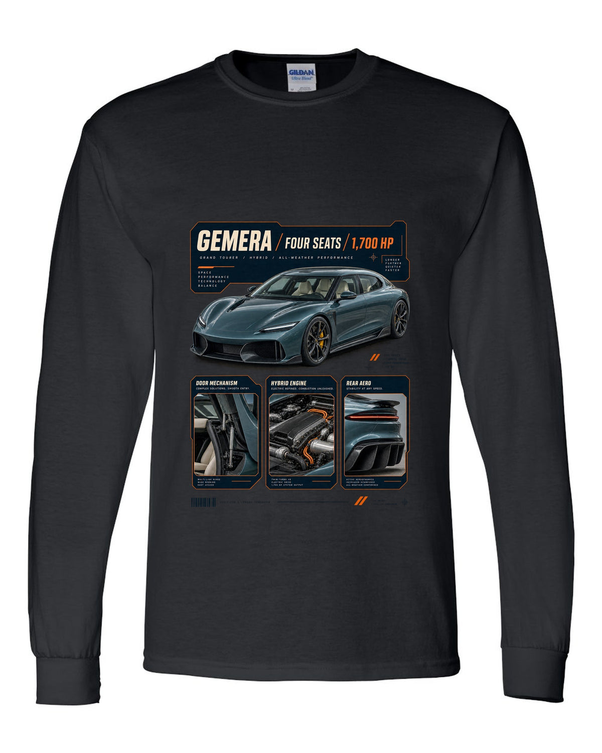 Dossier panel print of the Koenigsegg Gemera with the text Gemera, Mega-GT, four seats, 2020 reveal black long sleeve front view with the design