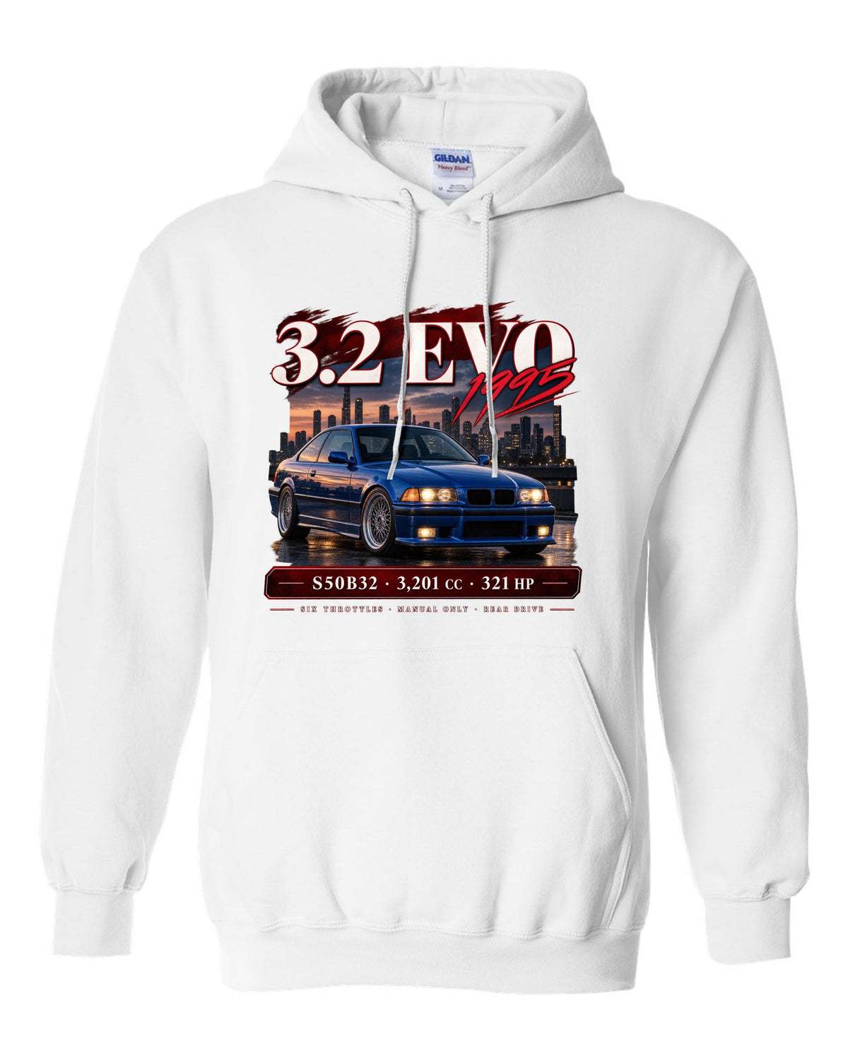 BMW E36 M3 3.2 Evo coupe archive panel print with S50B32 and 321 HP text white pull over hoodie front view with the design