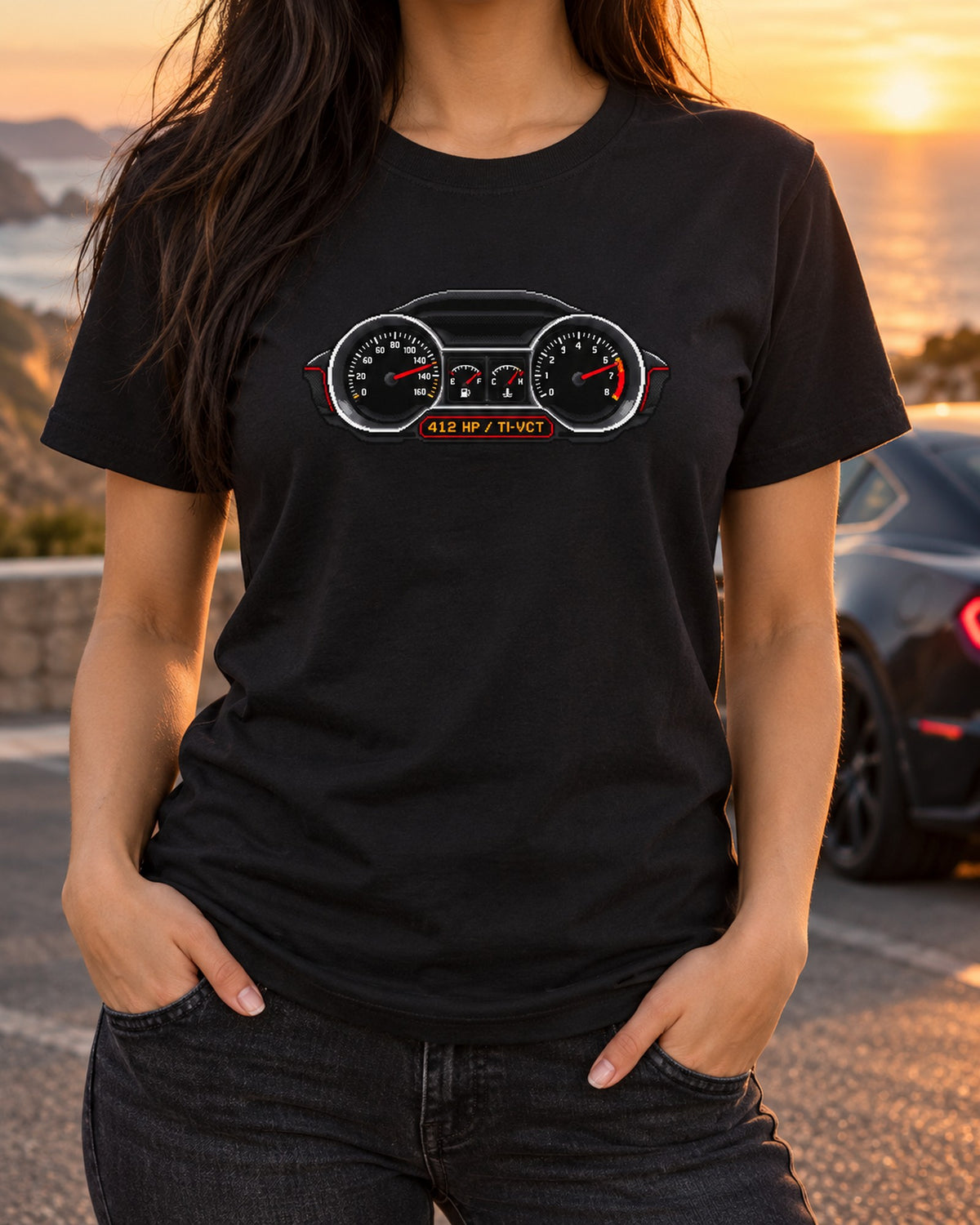 2005-2014 S197 Mustang Fastback Pixel Art Shirt, Coyote 5.0 T-Shirt Black worn hero