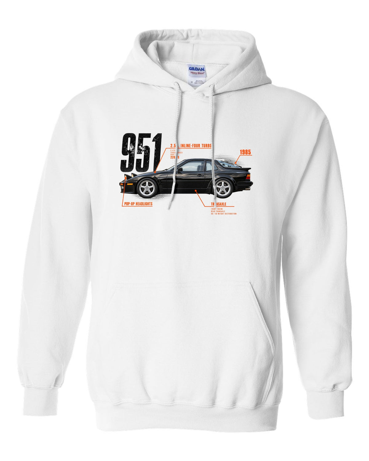 Spec poster print of a Porsche 944 Turbo 951 with 2.5 L turbo four, transaxle and pop-up headlights lettering white pull over hoodie front view with the design