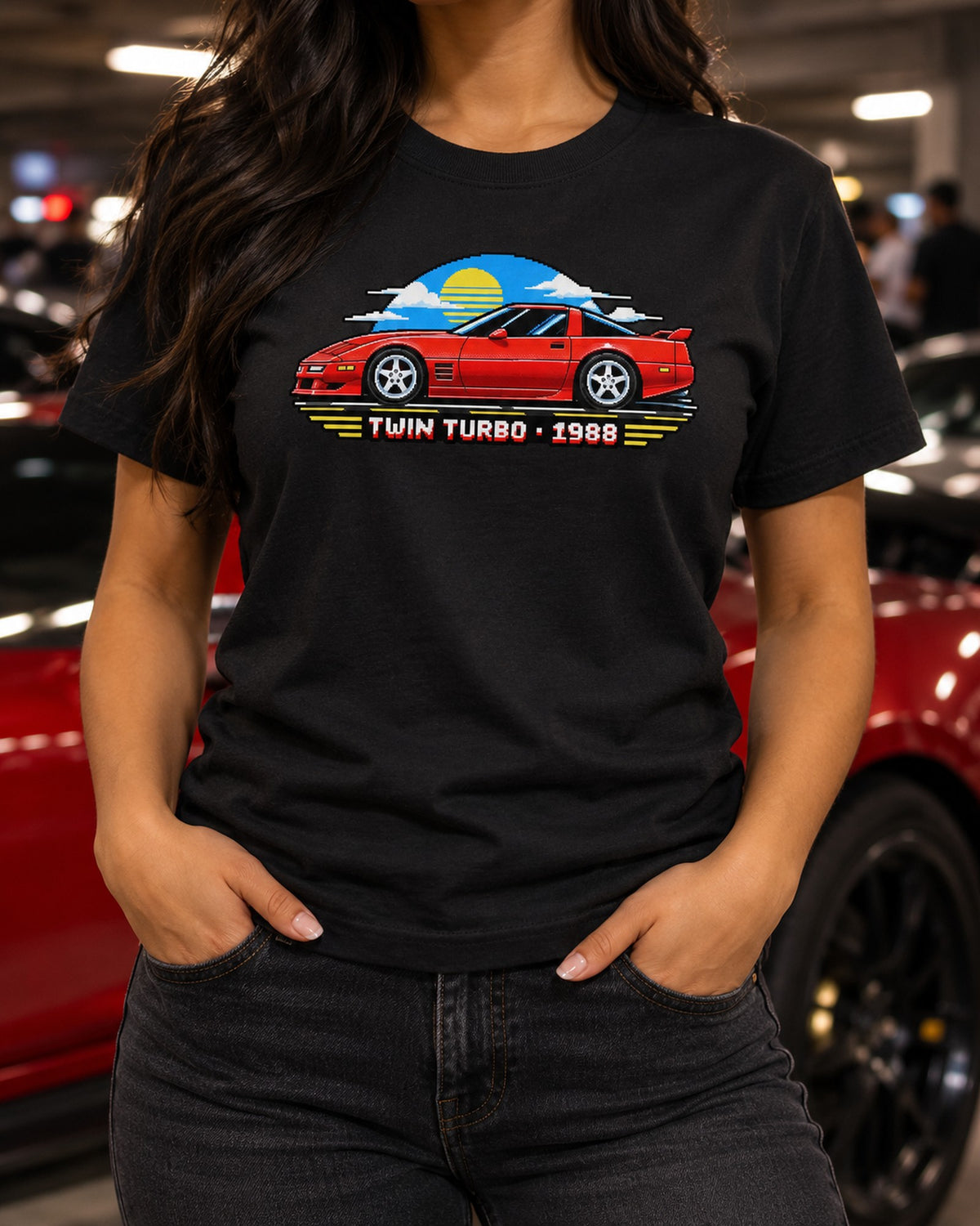 Corvette C4 Twin Turbo 1988 Sledgehammer 16-Bit Pixel Art Tee T-Shirt Black worn hero