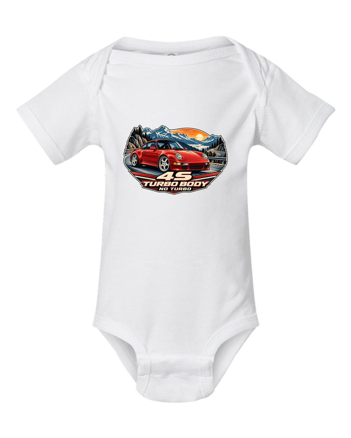 Shield crest print of a 1973 Porsche 911 Carrera RS 2.7 ducktail with the text RS 2.7, 210 PS and 975 KG white baby onesie front view with the design