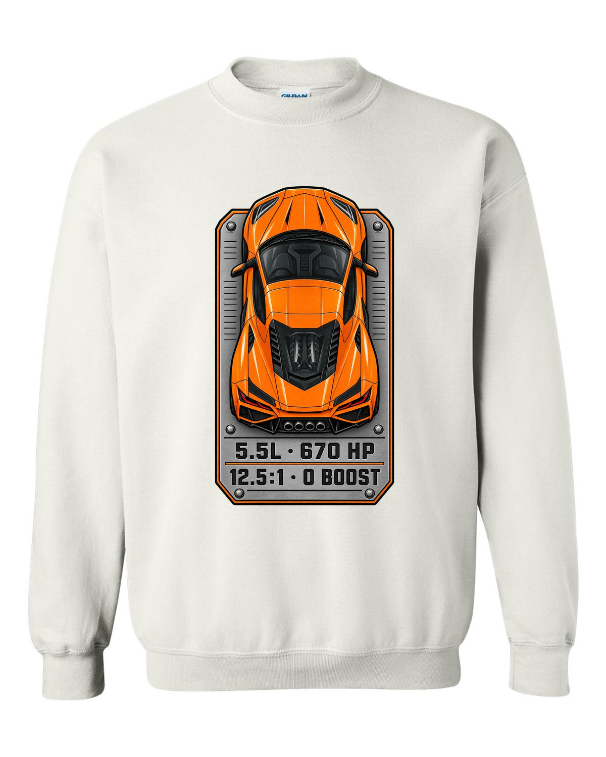 80s airbrush chrome style design of a 2025 C8 Corvette ZR1 white crewneck front view with the design