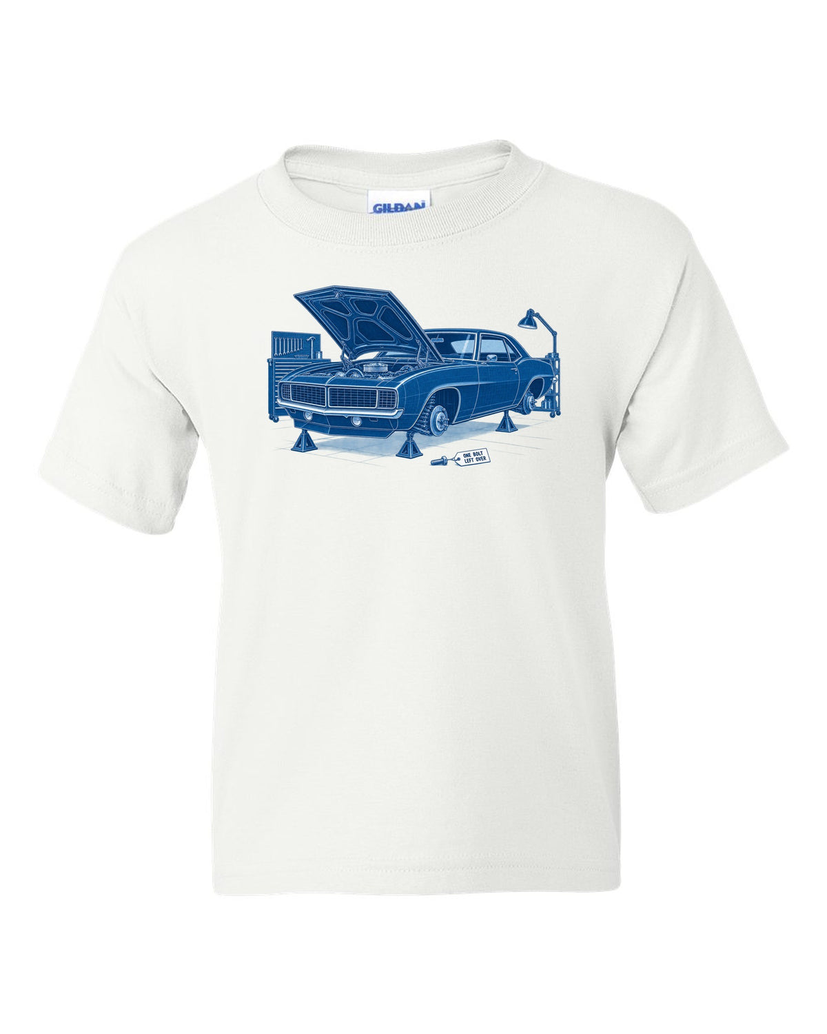 1969 Camaro first-generation in cyanotype negative blueprint style with the text One Bolt Left Over white kids tee front view with the design
