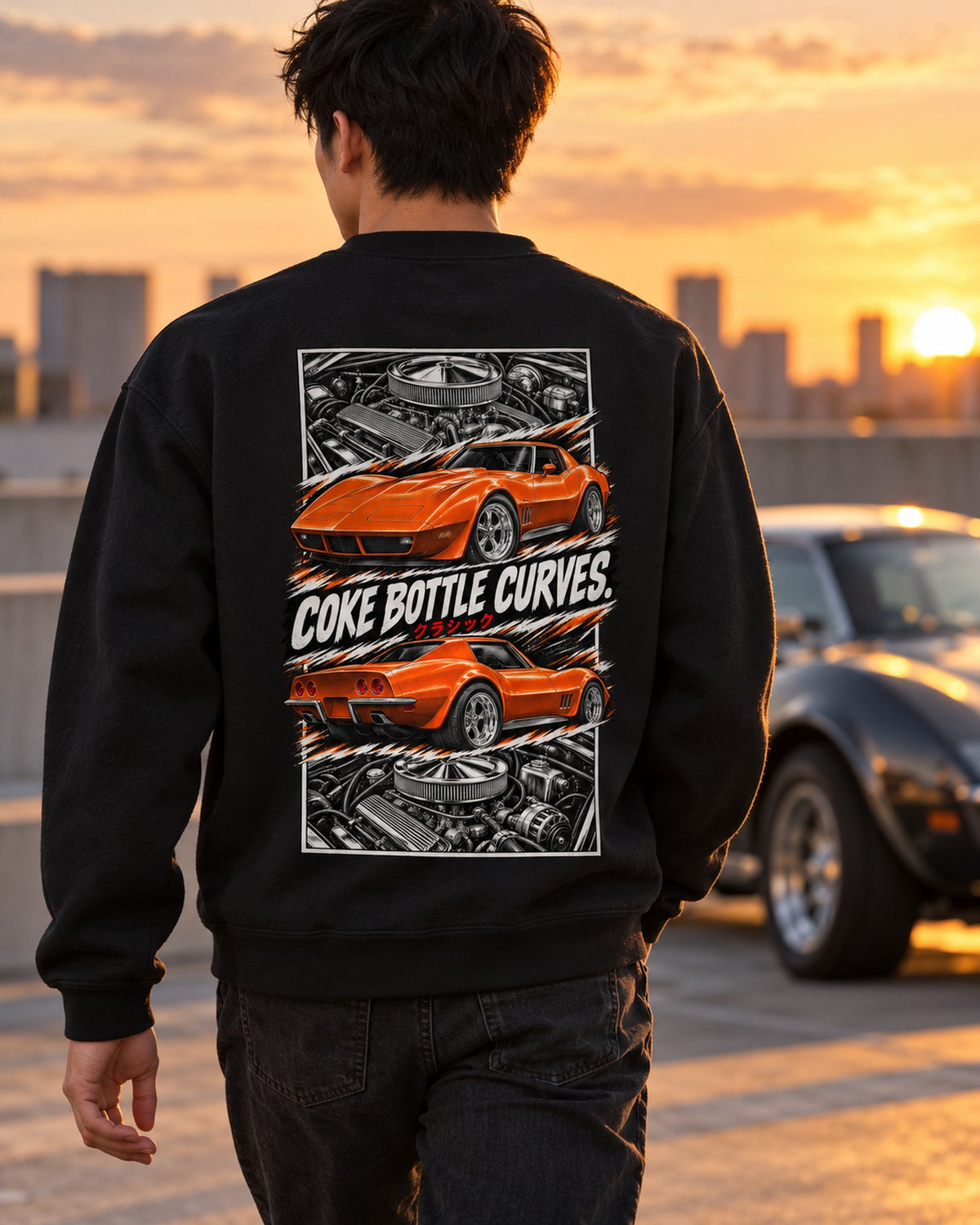 Corvette C3 Torn Poster Full-Back Graphic Tee Crewneck Black worn hero