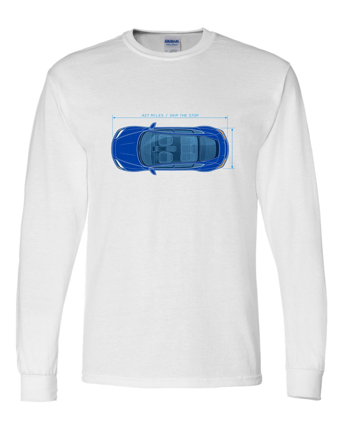 Lucid Air Sapphire white and cyan blueprint print with the text 427 miles skip the stop white long sleeve front view with the design
