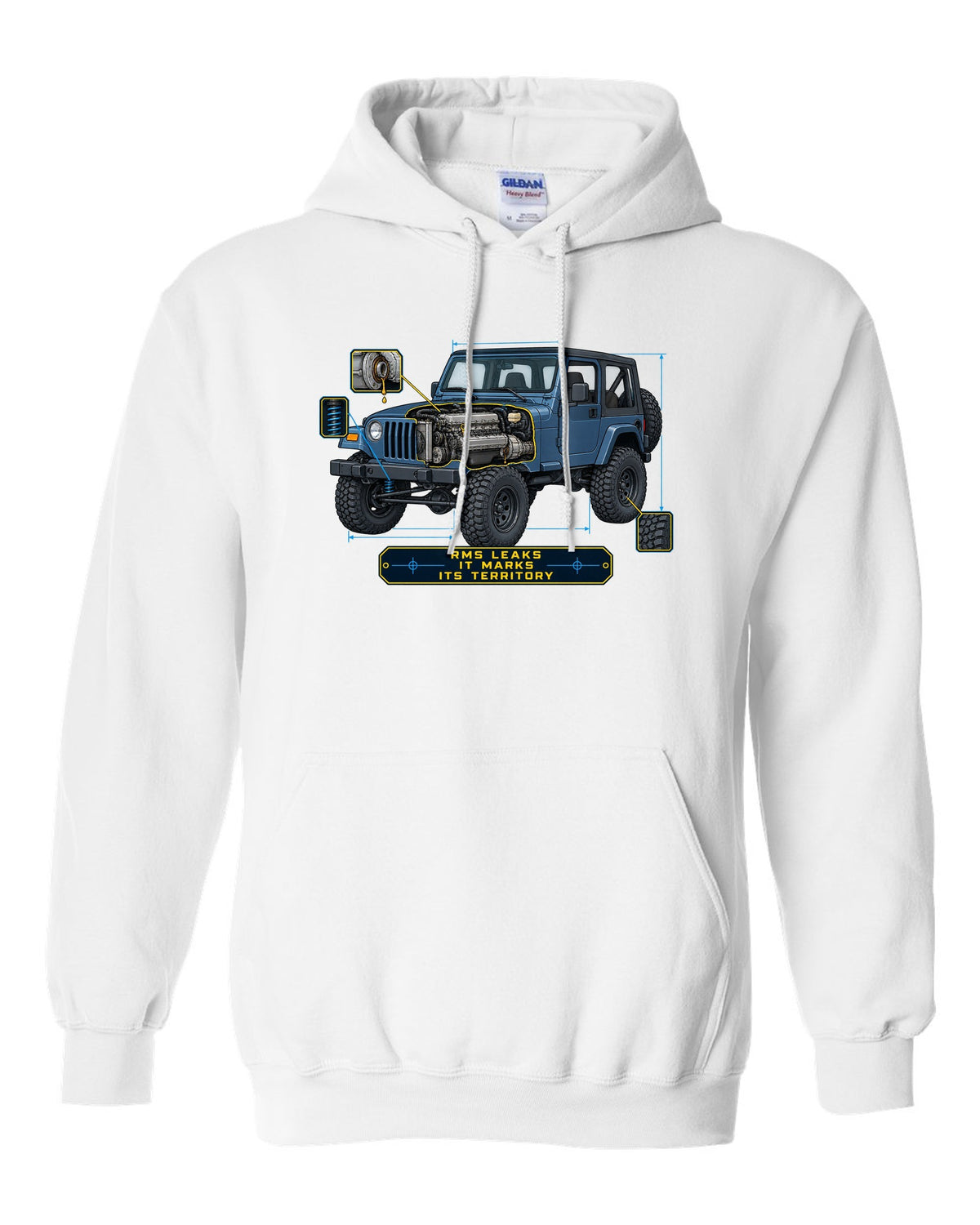 Blueprint style engine cutaway of a Jeep Wrangler TJ with RMS LEAKS IT MARKS ITS TERRITORY lettering white pull over hoodie front view with the design